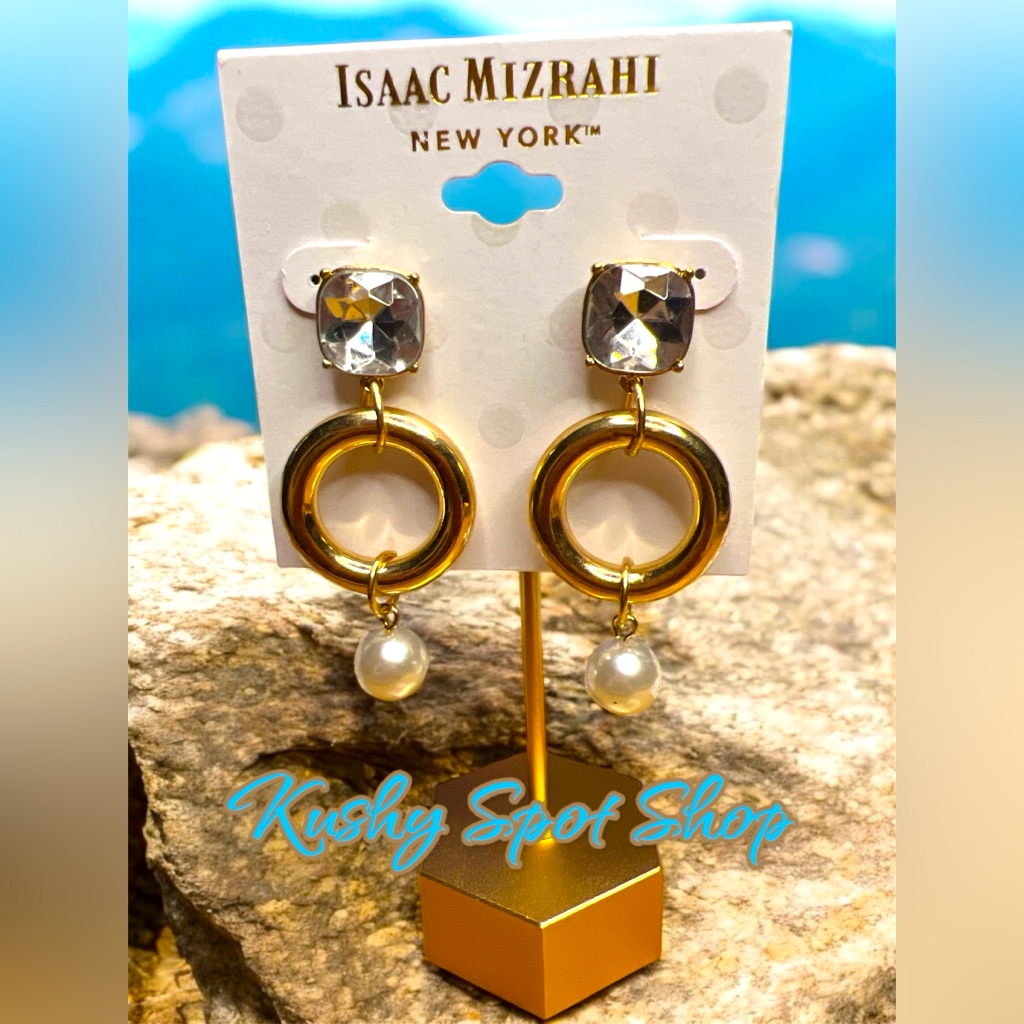 Isaac Mizrahi Gold Circle And Rhinestone & Faux Pearl Drop Earrings Nwt